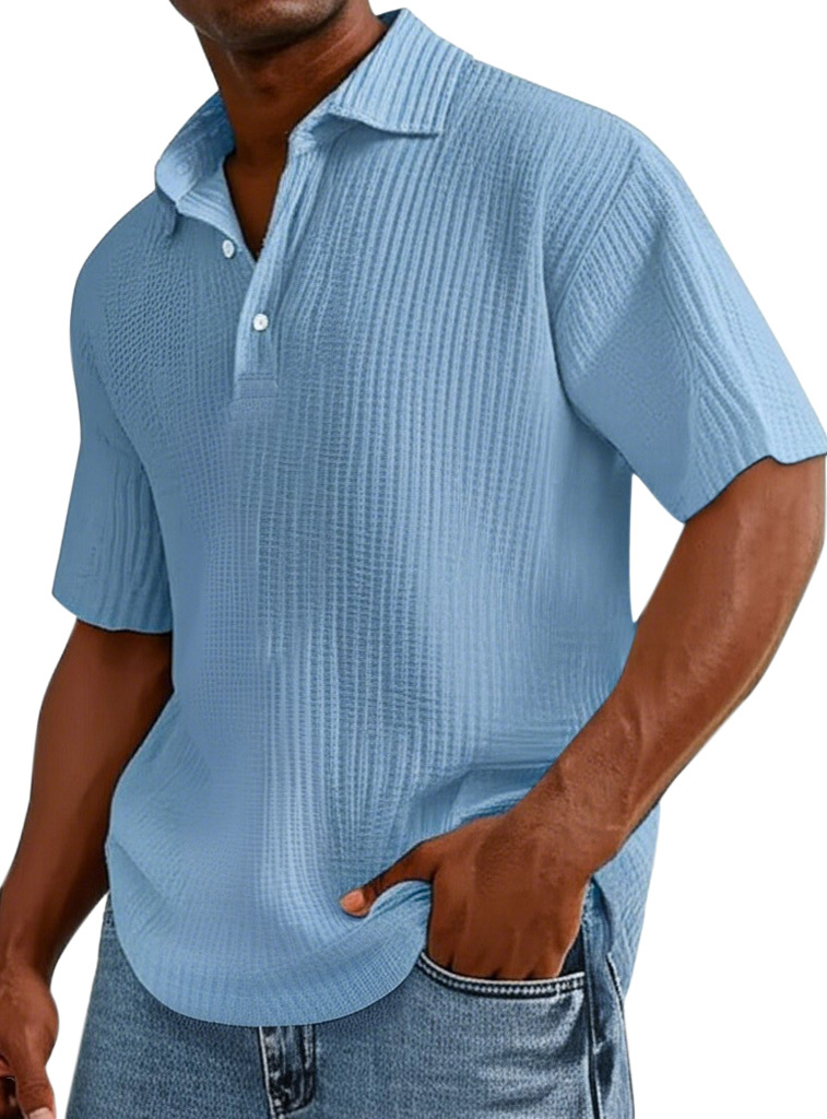 Men's Casual Solid Color Pleated Texture Short-sleeved Button Polo Shirt