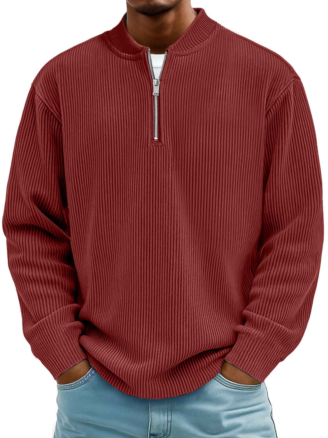 Men's Daily Striped Baseball Collar Zipper Casual Long Sleeve T-shirt