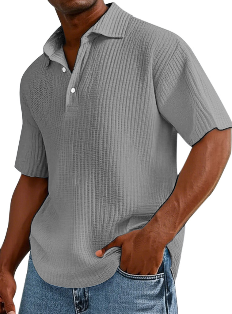 Men's Casual Solid Color Pleated Texture Short-sleeved Button Polo Shirt