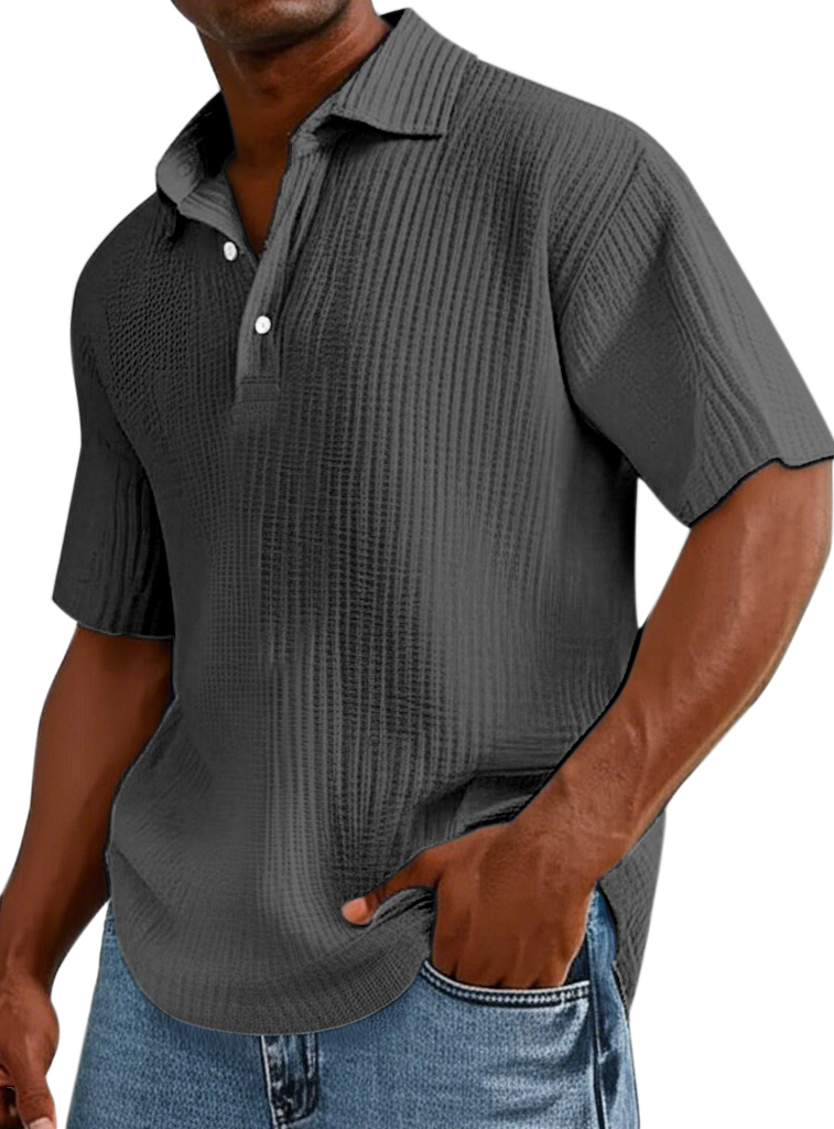Men's Casual Solid Color Pleated Texture Short-sleeved Button Polo Shirt
