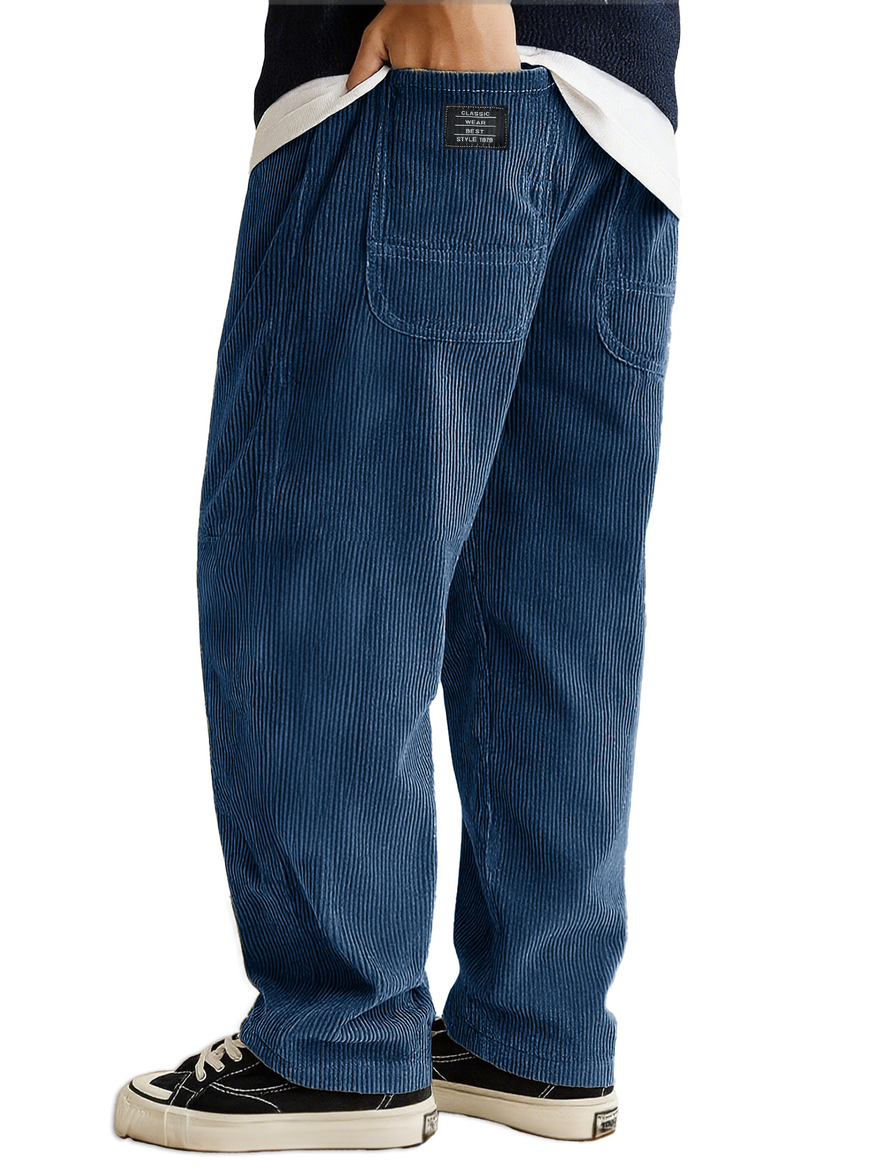 Men's Stylish Everyday Corduroy Ribbed Fabric Pants With Loose-fitting Drawstring Waist And Embroidered Logo