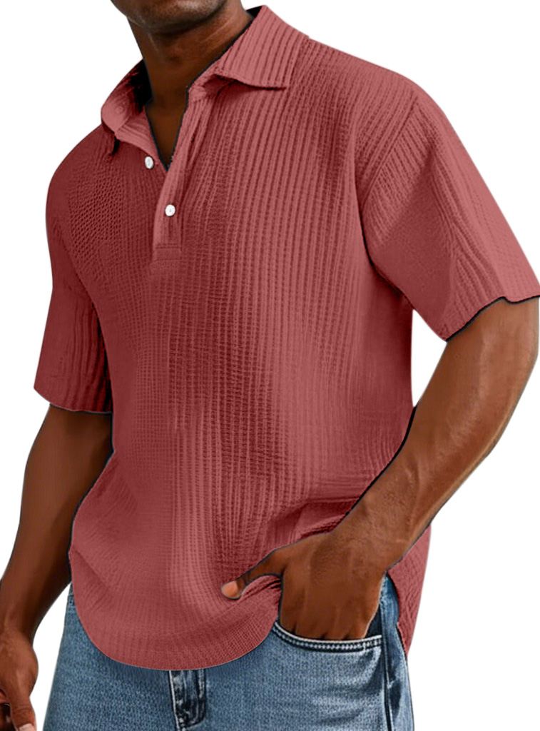 Men's Casual Solid Color Pleated Texture Short-sleeved Button Polo Shirt