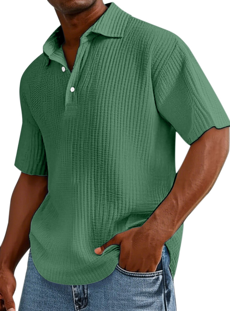 Men's Casual Solid Color Pleated Texture Short-sleeved Button Polo Shirt