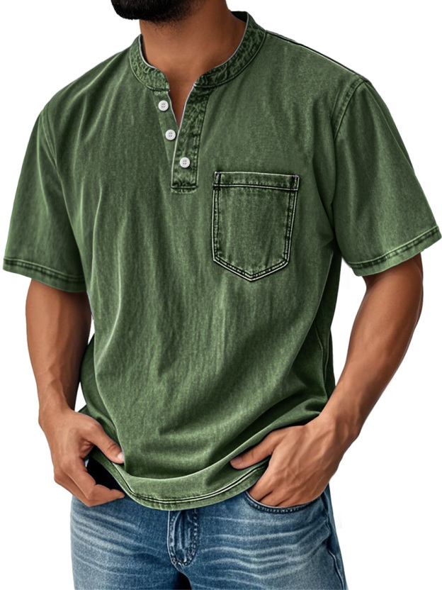 Men's Retro Stand Collar Casual Pocket Solid Color Short Sleeve Henley Shirt