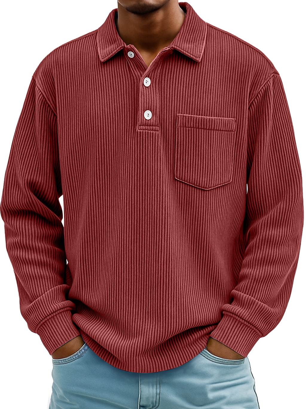 Men's Daily Ribbed Lapel Button-down Casual Pocket Long-sleeved Polo Shirt