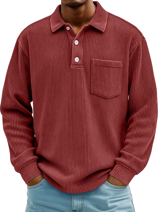Men's Daily Ribbed Lapel Button-down Casual Pocket Long-sleeved Polo Shirt