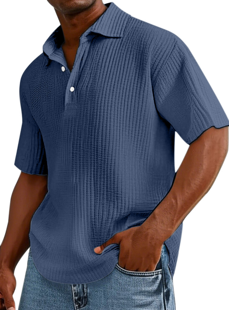 Men's Casual Solid Color Pleated Texture Short-sleeved Button Polo Shirt