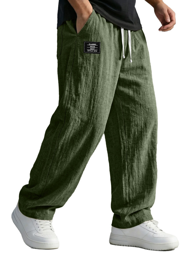 Men's Simple Cotton And Linen Trousers With Embroidered Logo, Casual And Comfortable