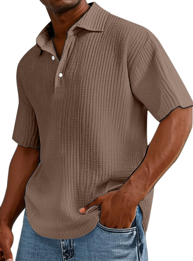 Men's Casual Solid Color Pleated Texture Short-sleeved Button Polo Shirt