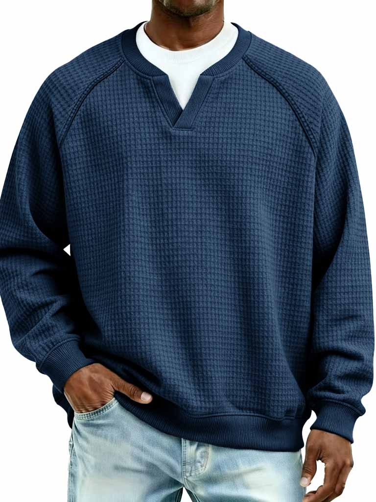 Men's Fashion Waffle Fabric Raglan V-Neck Faux Two-Piece Long-Sleeve T-Shirt