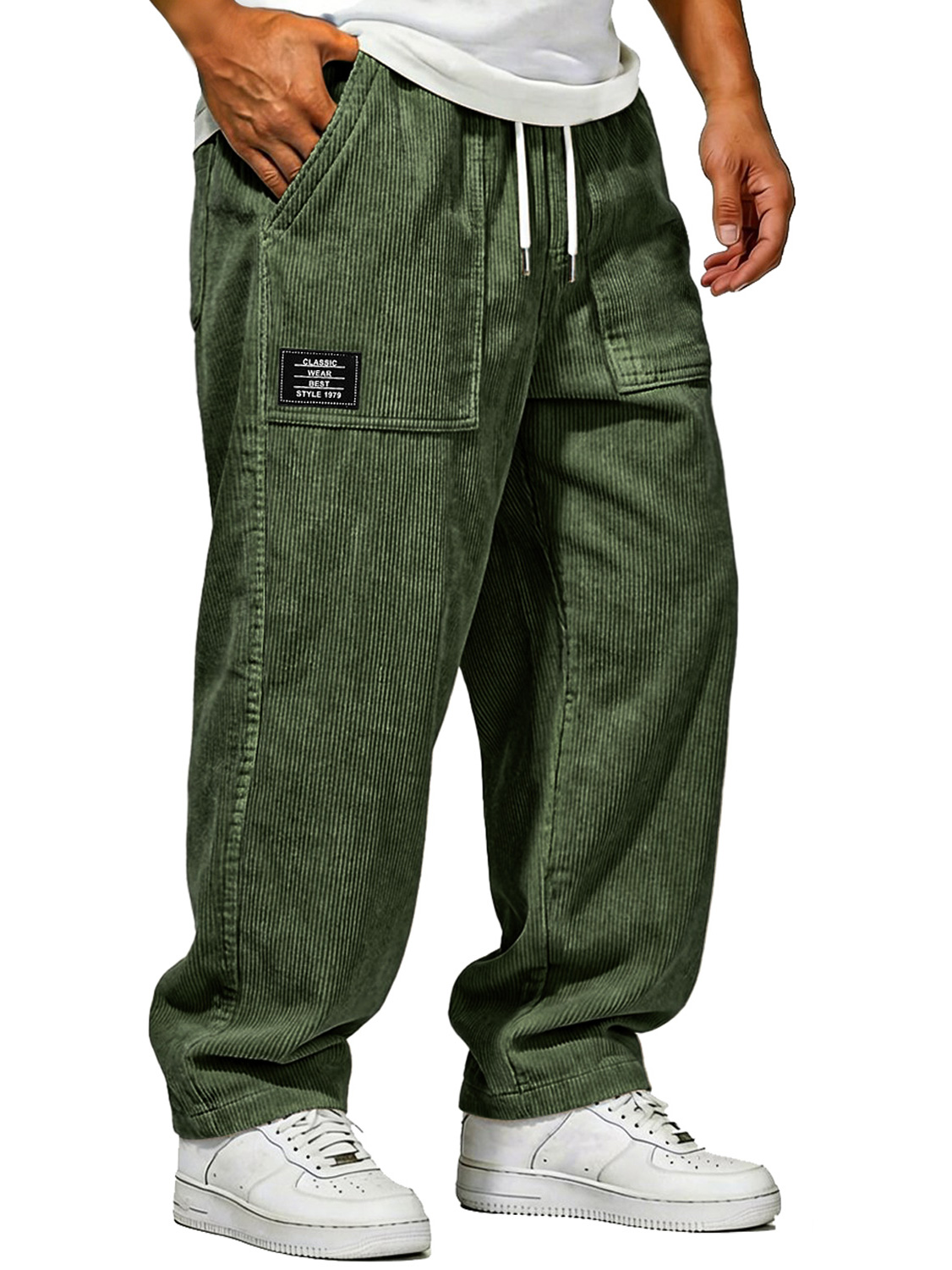 Men's Vintage Corduroy Trousers With Patch Pockets And Embroidered Logo