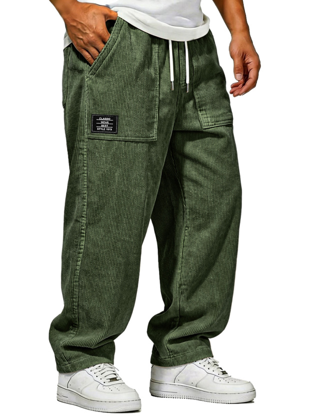 Men's Vintage Corduroy Trousers With Patch Pockets And Embroidered Logo