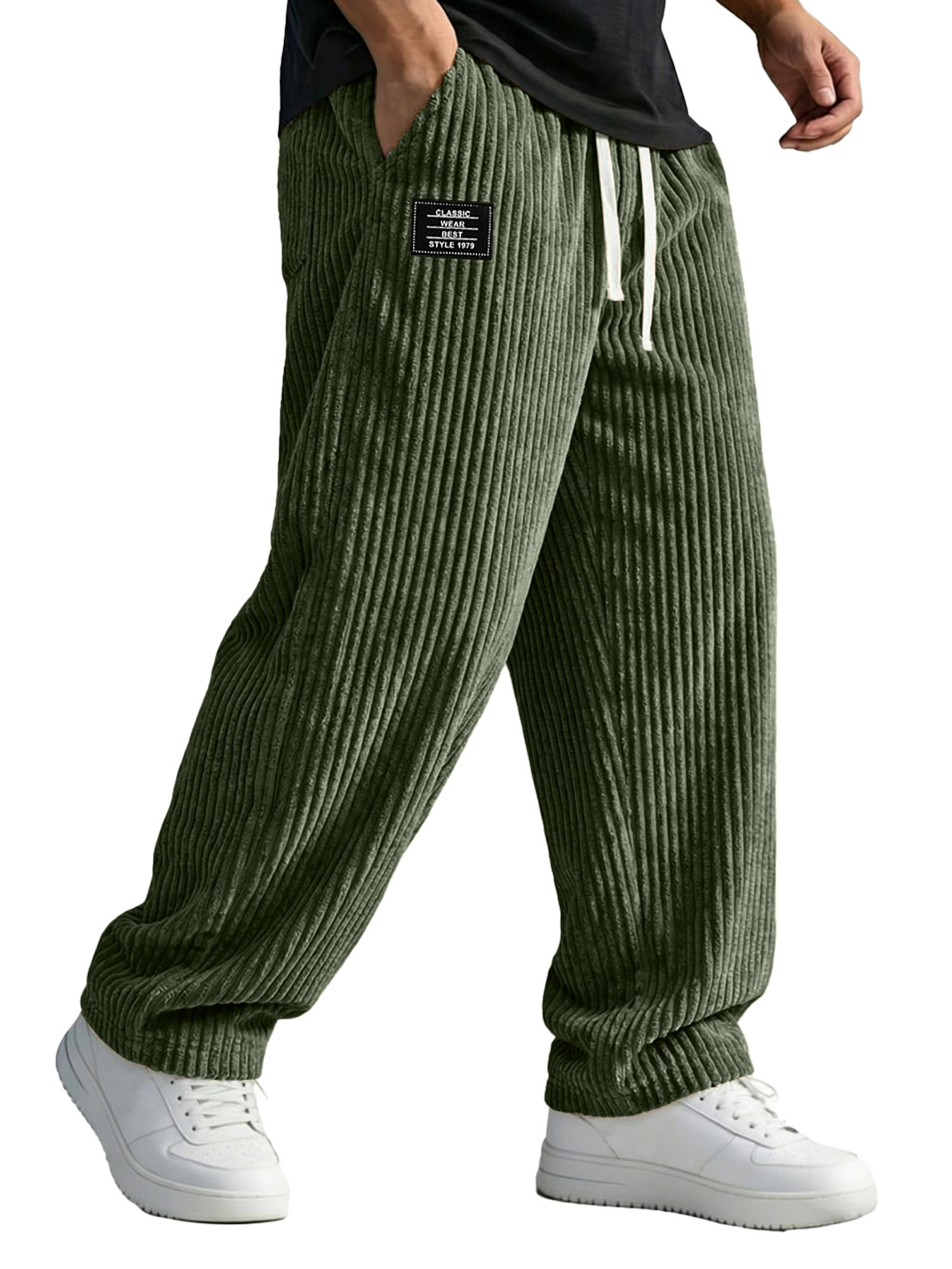 Men's Corduroy Casual Trousers With Embroidered Logo And Elastic Waistband