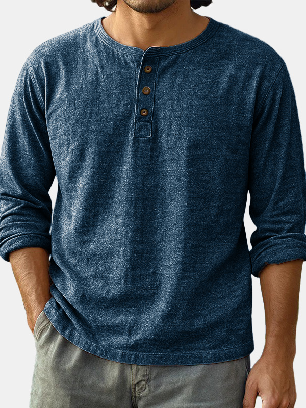  Men's Fashion Casual Limna Fabric Long-sleeved Henley Shirt