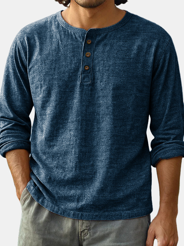  Men's Fashion Casual Limna Fabric Long-sleeved Henley Shirt