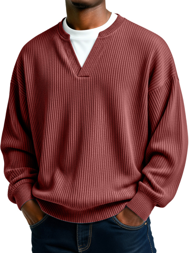 Men's Simple Ribbed V-Neck Faux Two-Piece Casual Long-Sleeve T-Shirt