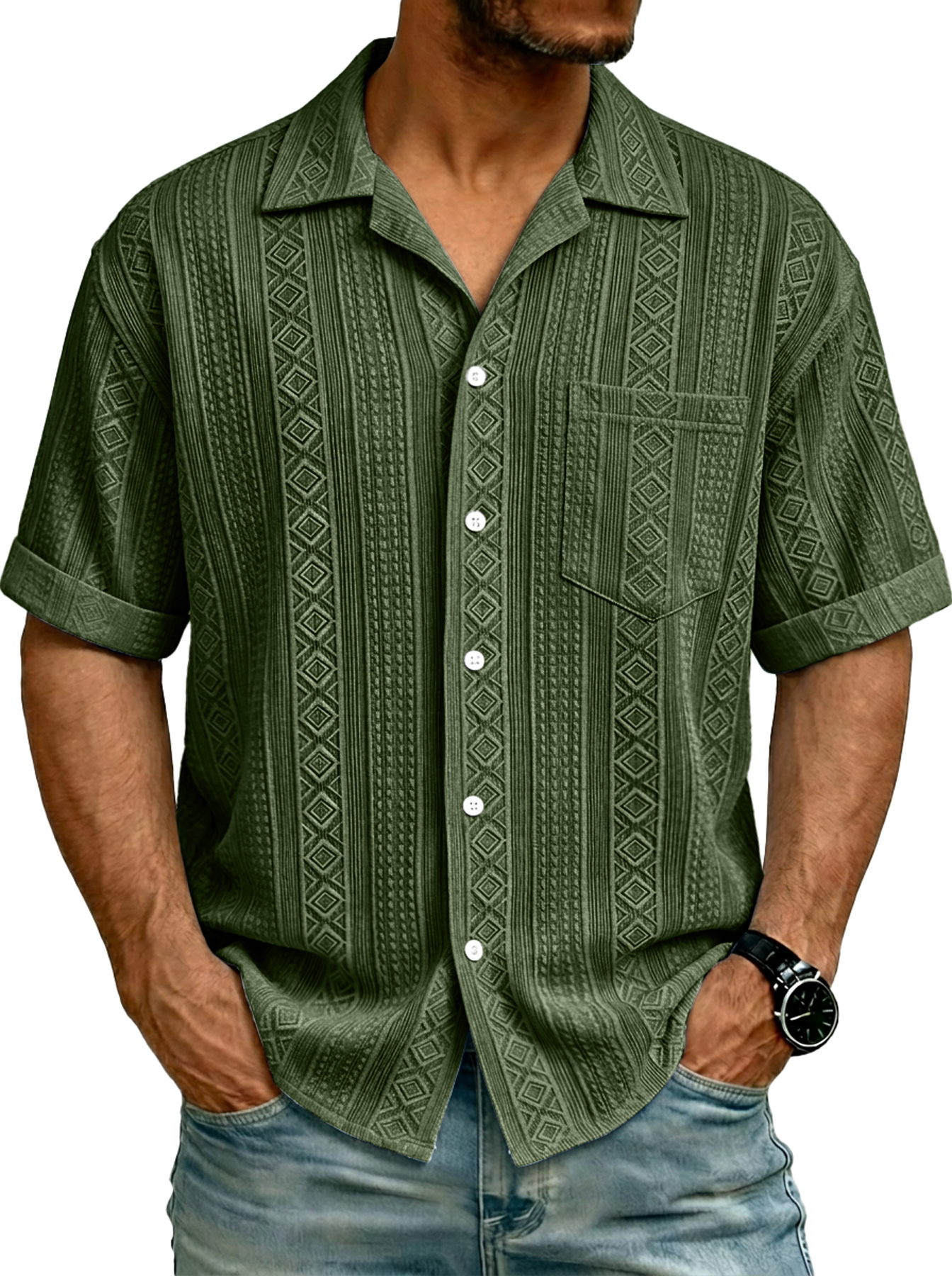 Men's Simple Textured Pocket Casual Short-Sleeve Shirt