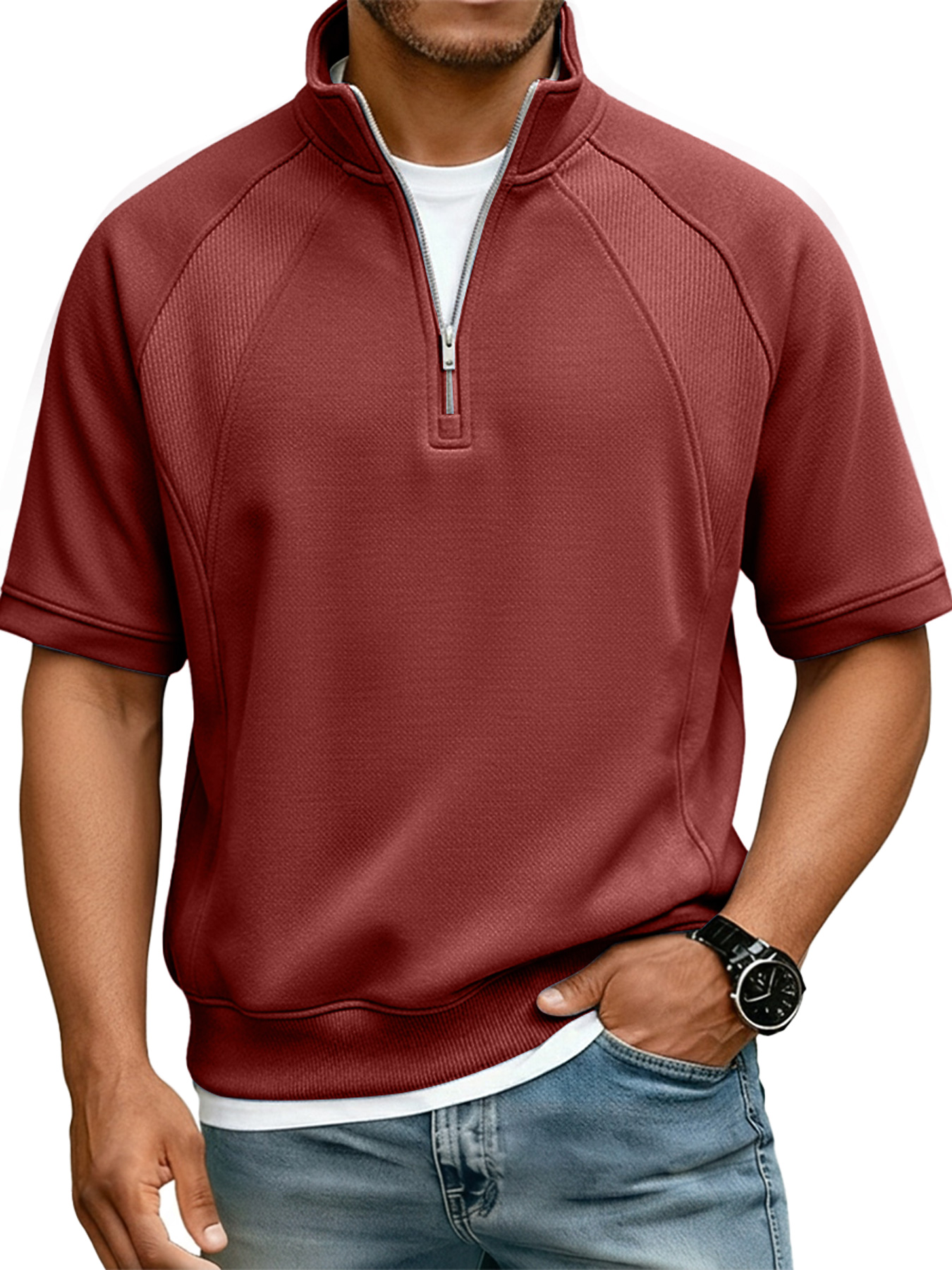 Men's Casual Deconstructed Design Stand Collar Zipper Short Sleeve T-Shirt