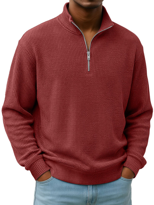 Simple Everyday Waffle Stand-up Collar Zipper Casual Long-sleeved T-shirt