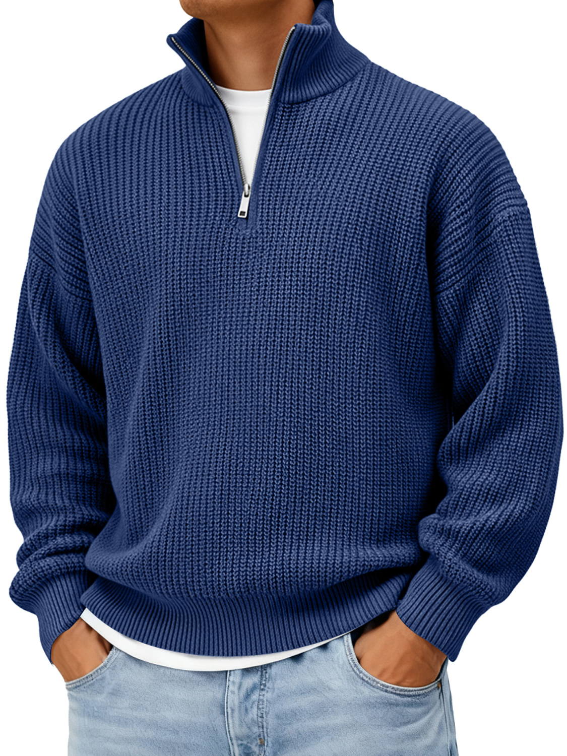 Men's Loose Stand-up Collar Zip-up Knit Solid Color Sweater