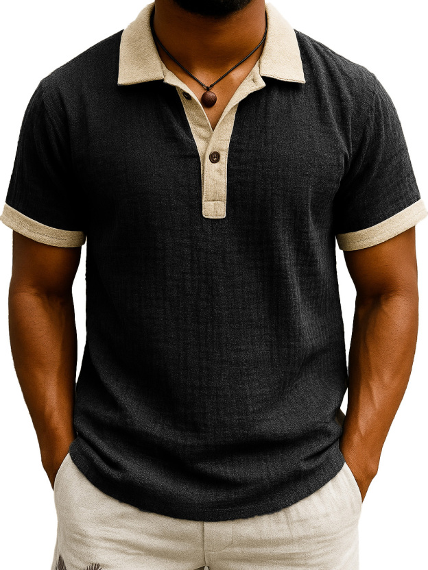  Men's Fashion Retro Hemp Fabric Patchwork Contrast Color Short-sleeved Polo Shirt 