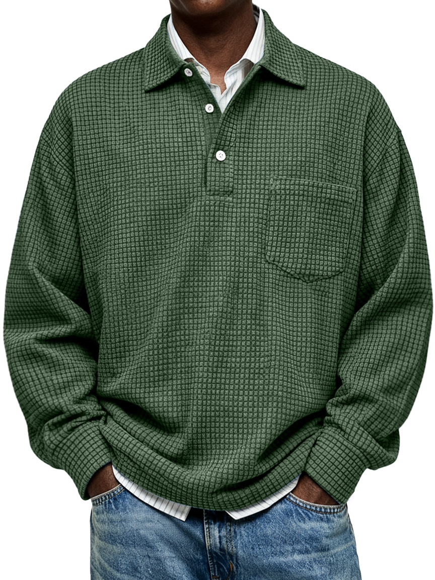 Simple Corduroy Corn Plaid Lapel Button Casual Long-sleeved Polo Shirt