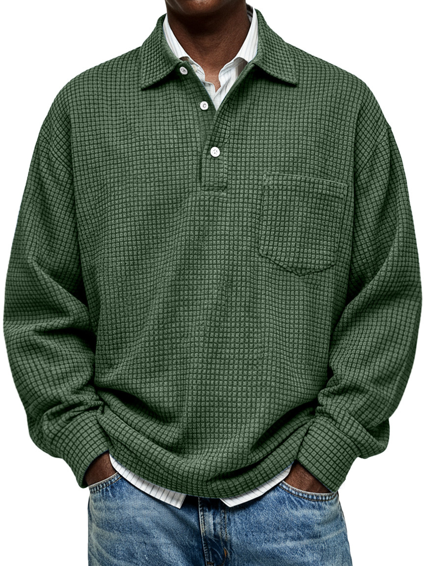 Simple Corduroy Corn Plaid Lapel Button Casual Long-sleeved Polo Shirt