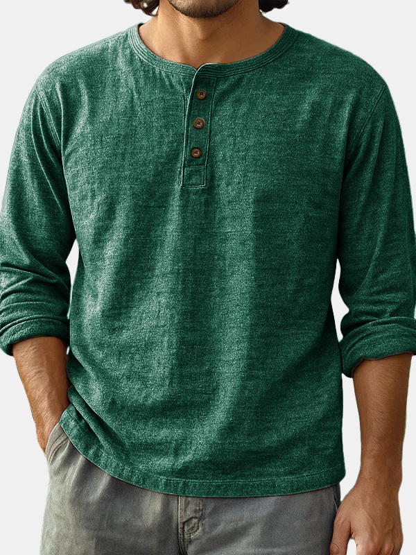  Men's Fashion Casual Limna Fabric Long-sleeved Henley Shirt