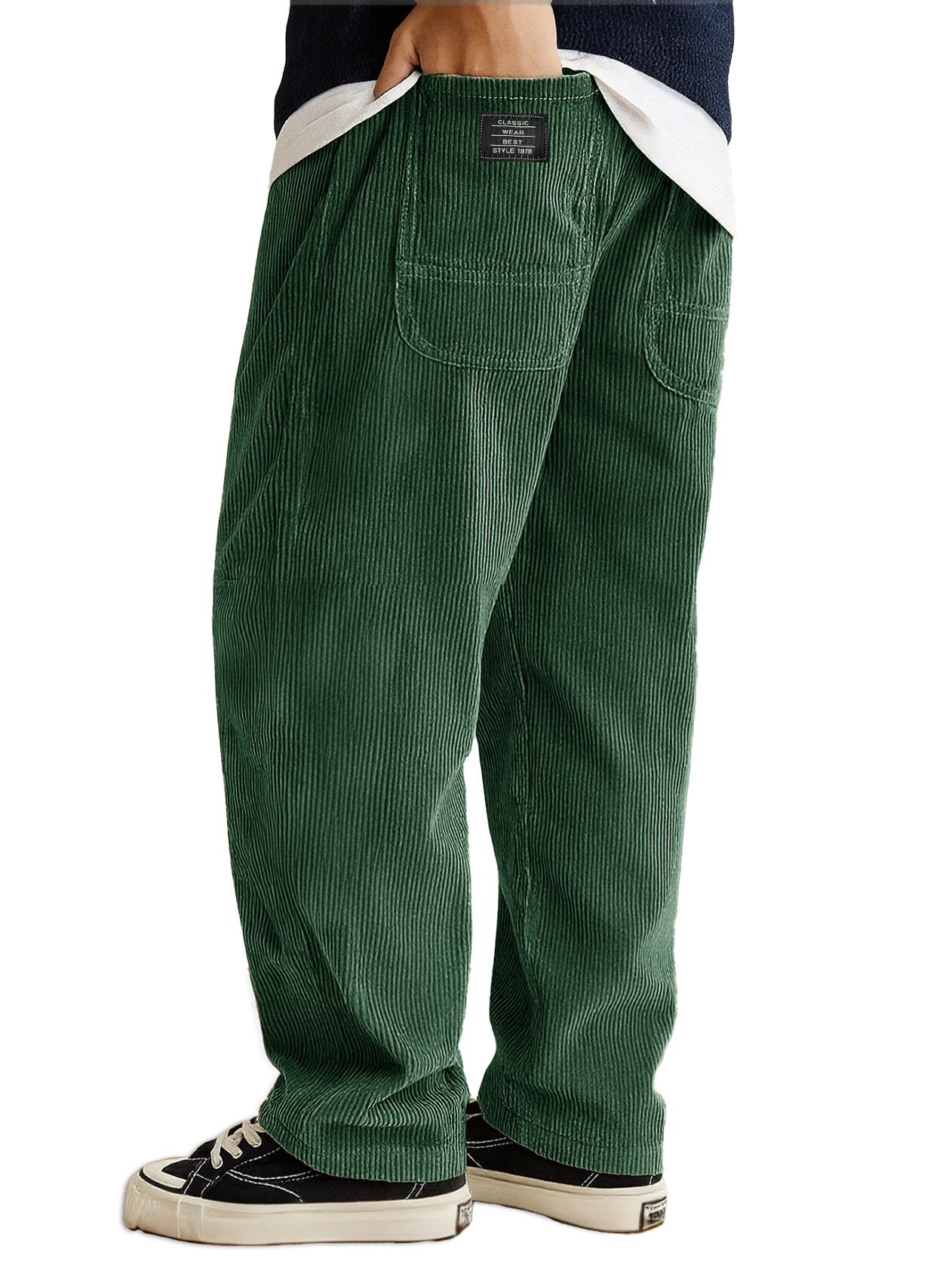 Men's Stylish Everyday Corduroy Ribbed Fabric Pants With Loose-fitting Drawstring Waist And Embroidered Logo