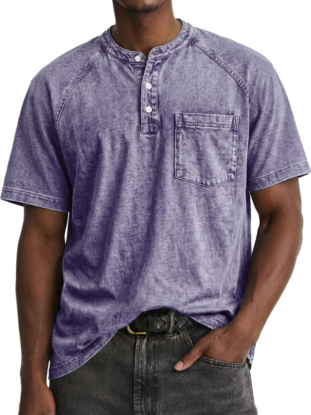 Men's Retro Raglan Pocket Casual Short-Sleeve Henley Shirt