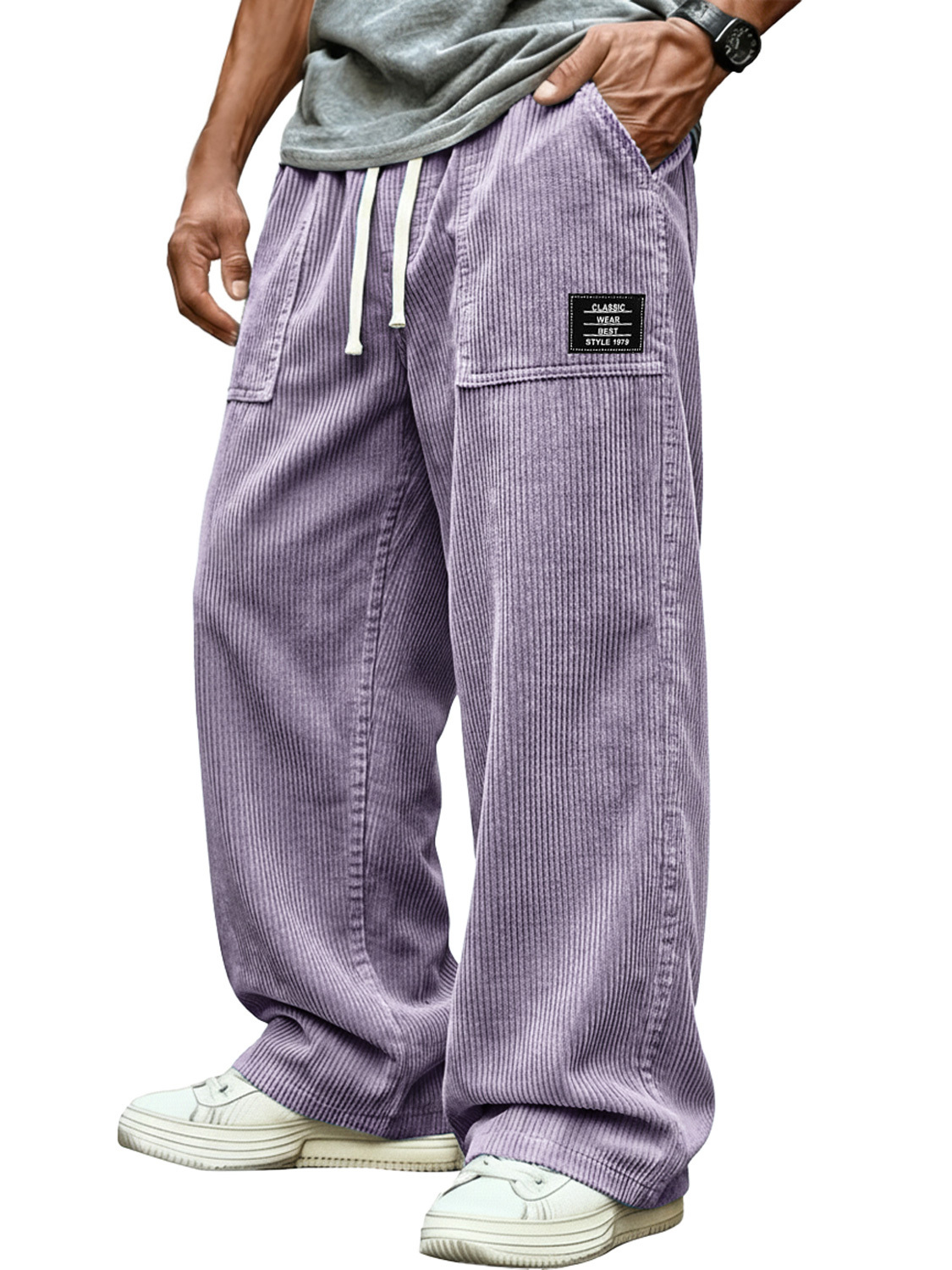 Men's Retro Corduroy Patch Pocket Embroidered Logo Casual Cargo Pants