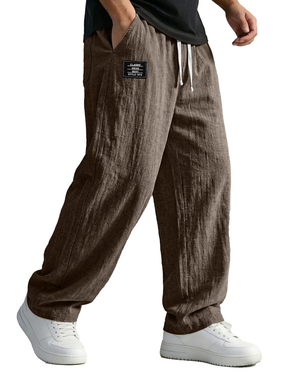 Men's Simple Cotton And Linen Trousers With Embroidered Logo, Casual And Comfortable