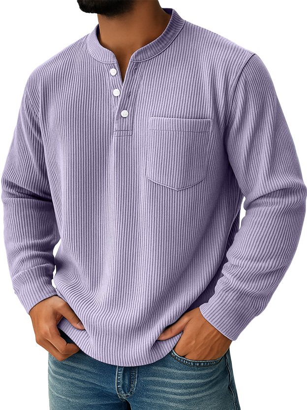 Men's Simple Everyday Ribbed Stand Collar Pocket Casual Long Sleeve Henley Shirt