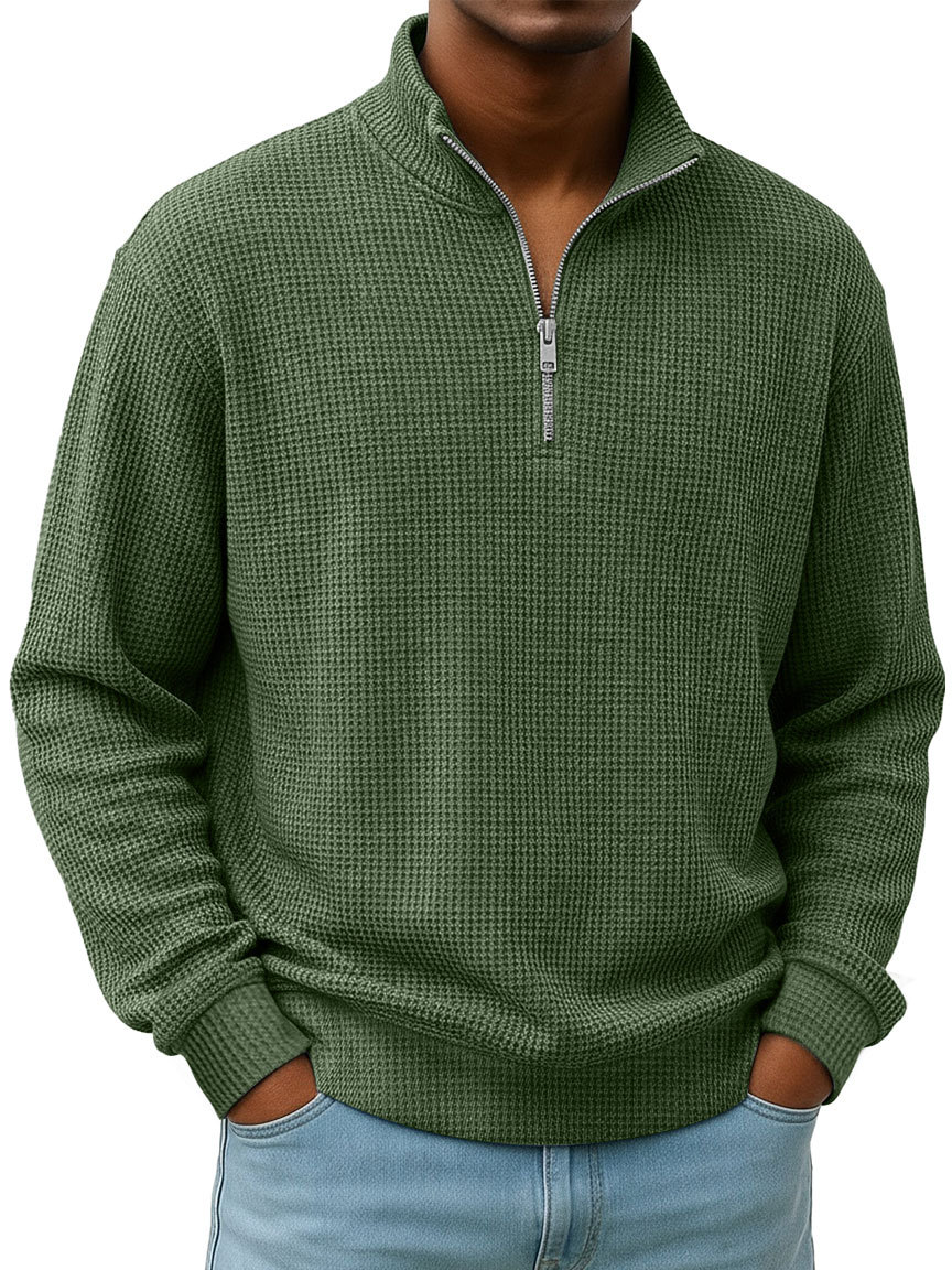 Simple Everyday Waffle Stand-up Collar Zipper Casual Long-sleeved T-shirt