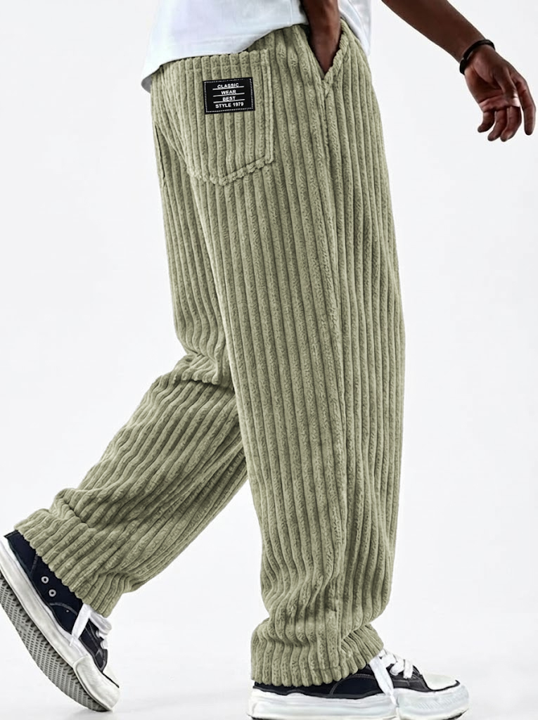 Men's Vintage Corduroy Textured Comfort Wide Striped Pants with Embroidered Minimalist Labels