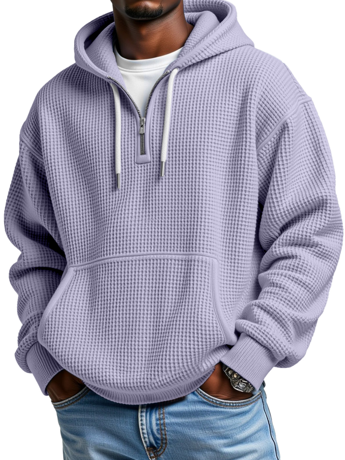 Men's Casual Solid Color Waffle Zipper Long Sleeve Hooded Sweatshirt