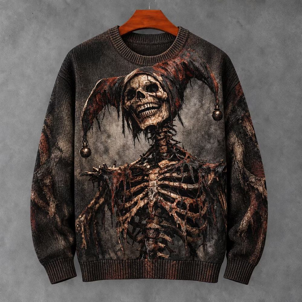 Men's Retro Halloween Zombie Skull Print Raglan Sweater 