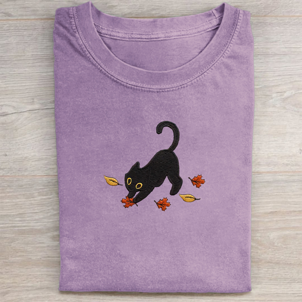 Cat Pouncing Leaves Embroidered T-shirt