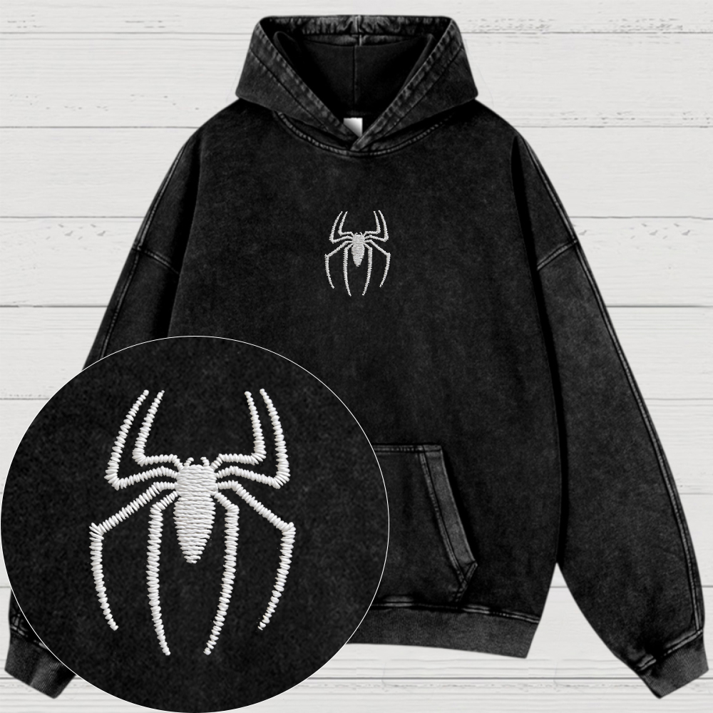 Embroidery Spider Logo Vintage Washed Hoodies 