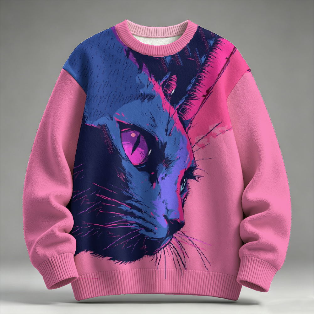 Modern Art Cat Printed Long Sleeve Cotton Sweater 