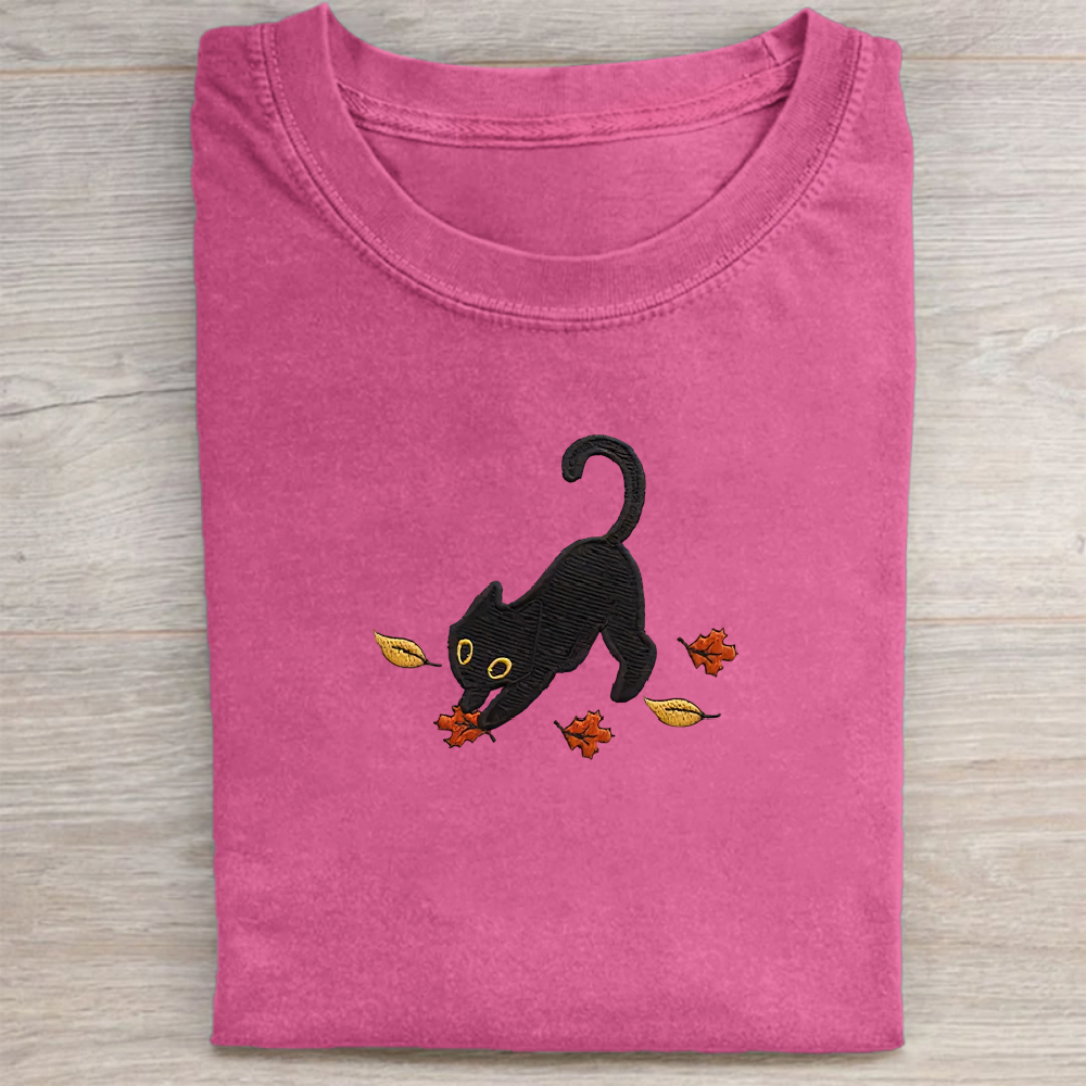 Cat Pouncing Leaves Embroidered T-shirt