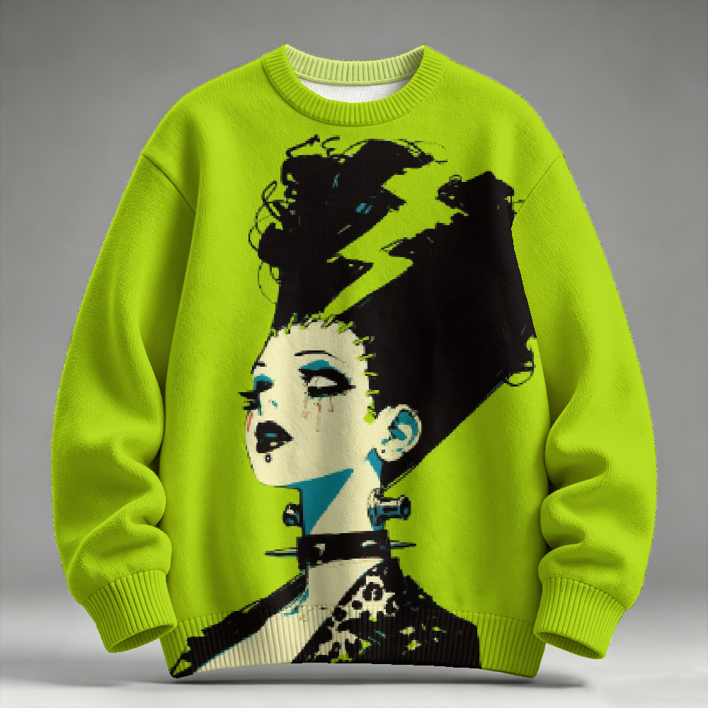 Neon Green Retro Punk Graphic Block Raglan Long Sleeve Cotton Sweater