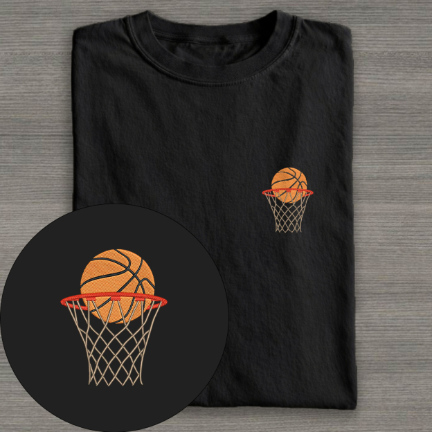 Basketball Ball in Basket Embroidery Cotton T-shirt