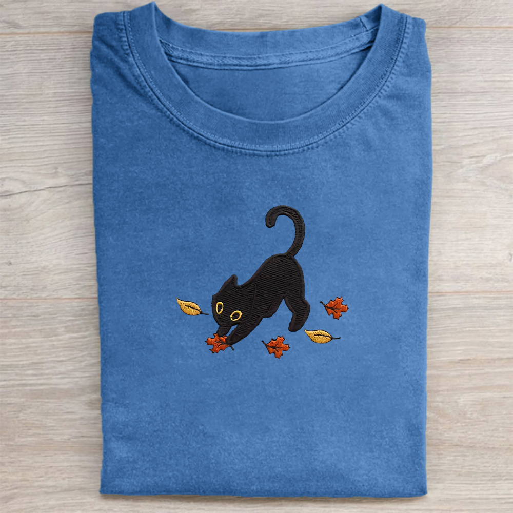 Cat Pouncing Leaves Embroidered T-shirt