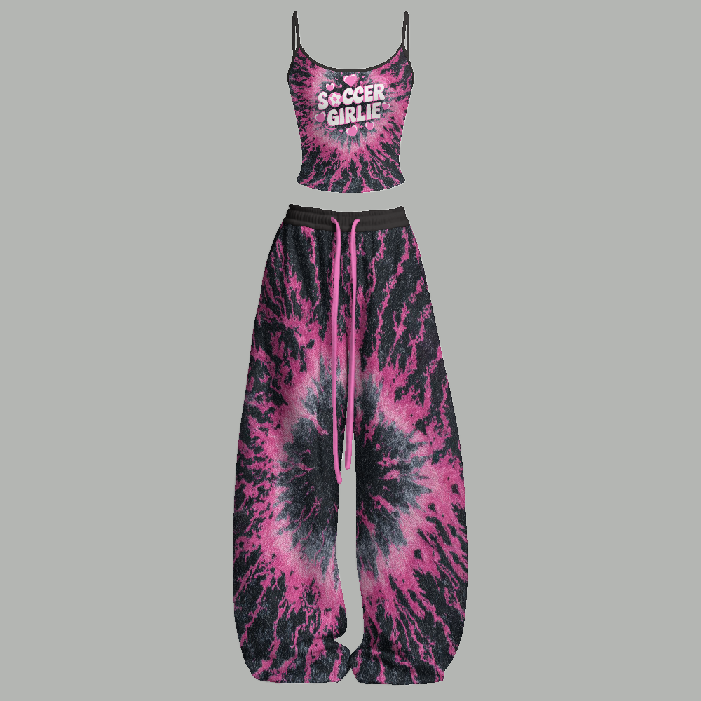 Black & Pink Tie Dye Soccer Girlie Top & Elasticated Trousers Two-Piece Set