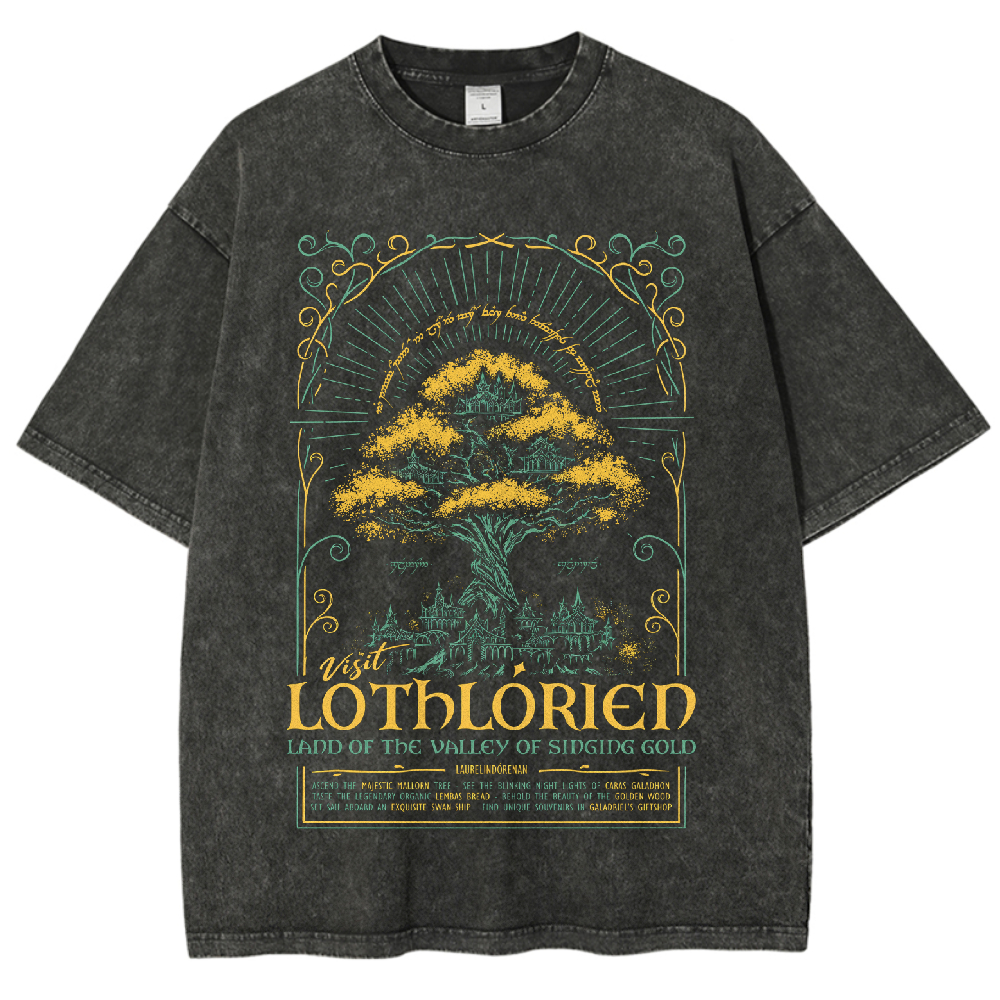 Fantasy Elven City Giant Tree Travel Poster Print Washed T - Shirt