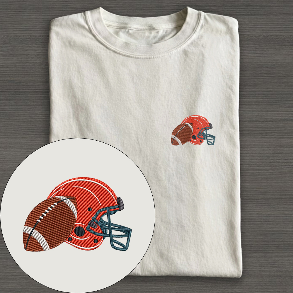 Football Helmet with Ball Embroidery Cotton T-shirt