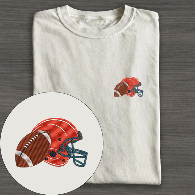 Football Helmet with Ball Embroidery Cotton T-shirt 