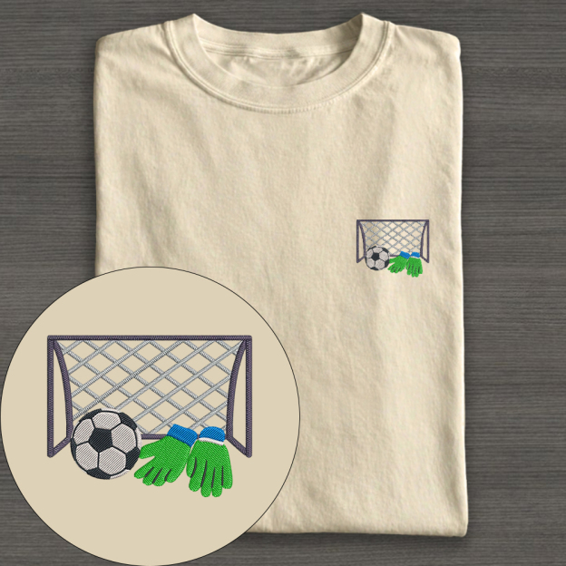 Football Ball Goal and Gloves Embroidery Cotton T-shirt 