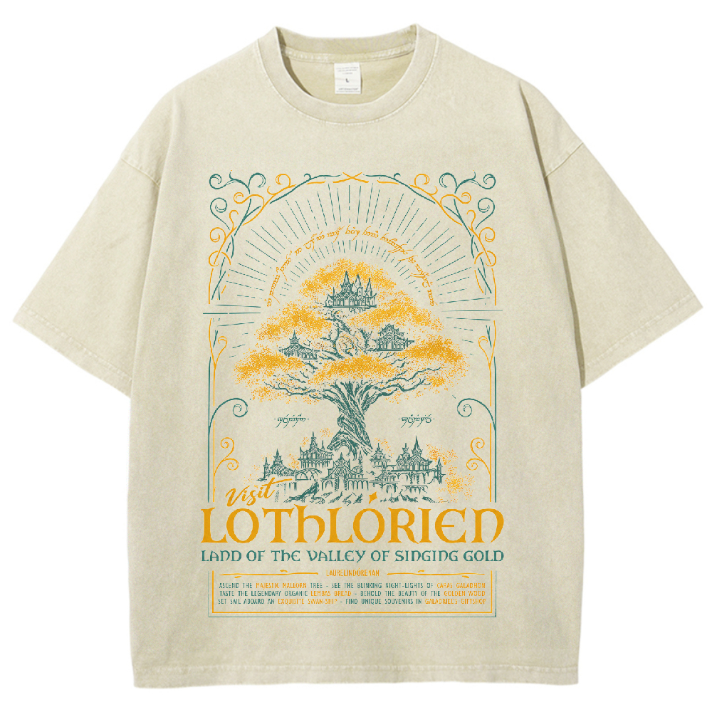 Fantasy Elven City Giant Tree Travel Poster Print Washed T - Shirt